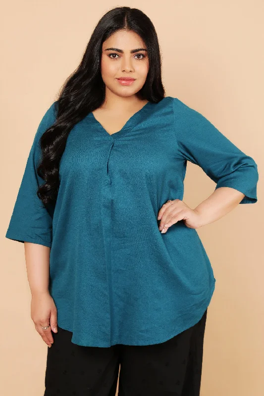 Teal Cotton Linen Centre Pleat Top