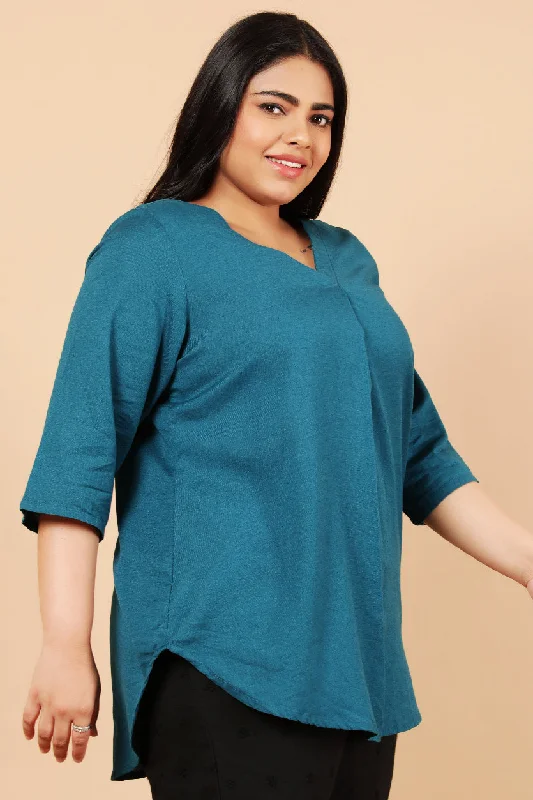 Teal Cotton Linen Centre Pleat Top