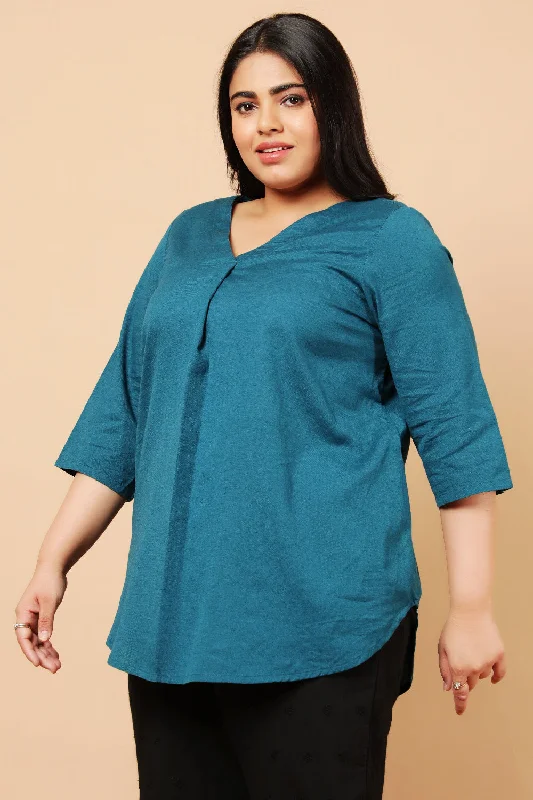 Teal Cotton Linen Centre Pleat Top