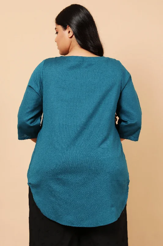 Teal Cotton Linen Centre Pleat Top