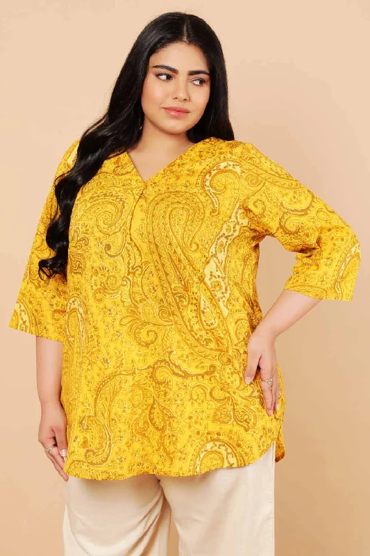 Plus Size Yellow Paisely Print Cotton Top