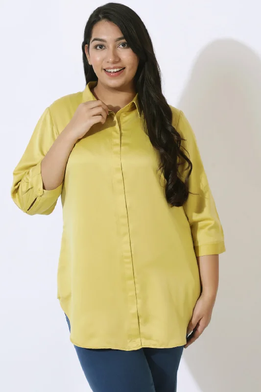 Plus Size Yellow Satin Shirt