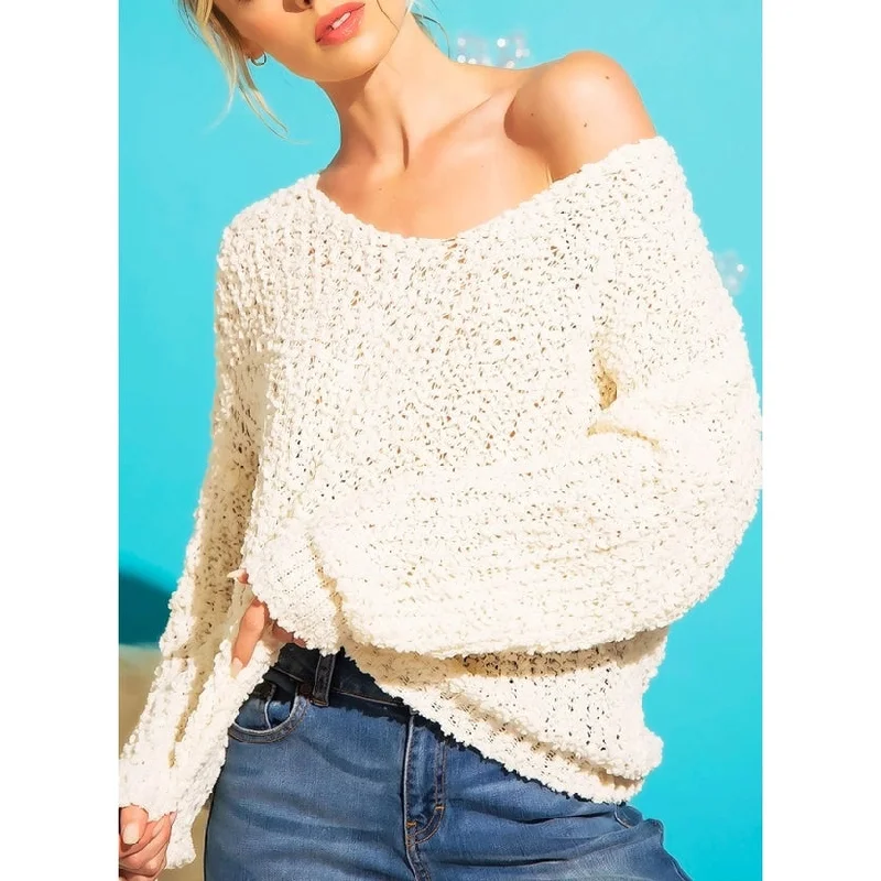 Popcorn Knit Boat Neck Pullover