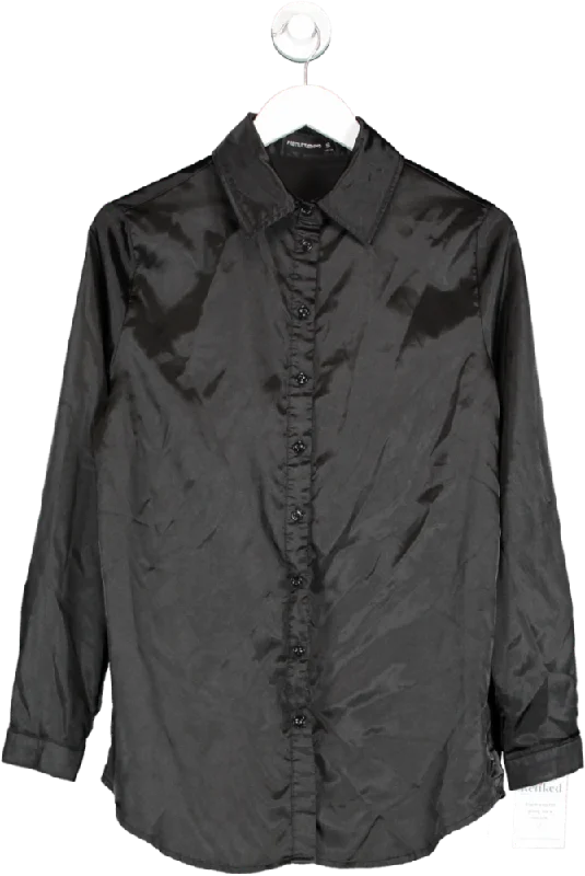 PrettyLittleThing Black Satin Button Front Long Sleeve Shirt UK S