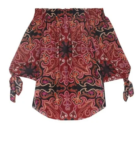 Rachel Zoe Red Deanna Burgundy Paisley Silk Off-shoulder Sheer Blouse UK 4