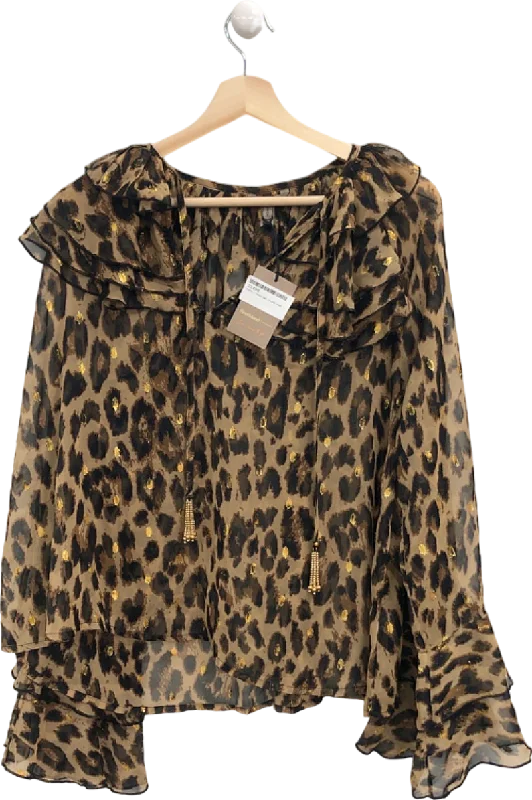 River Island Beige Leopard Print Sheer Ruffled Blouse UK 6