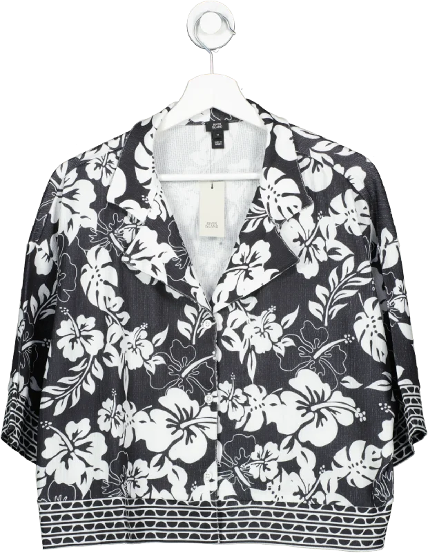 River Island Black Monochrome Flower Print Cropped Shirt UK 14