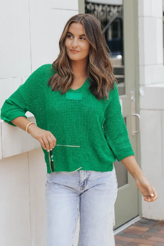 Sea Green V Neck Ribbed Sweater - FINAL SALE