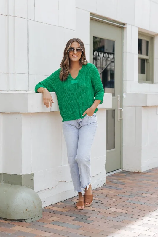 Sea Green V Neck Ribbed Sweater - FINAL SALE