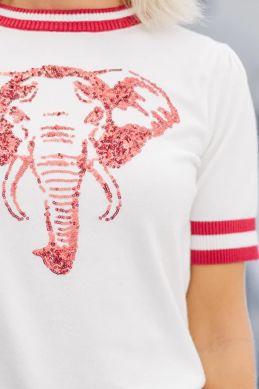 Stay In Character White/Crimson Elephant Sweater