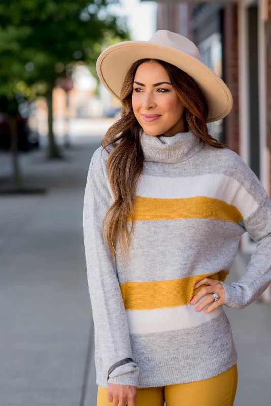 Tri Color Striped Cowl Neck Sweater