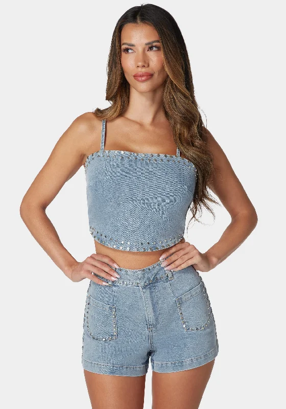 Twist Back Studded Denim Top