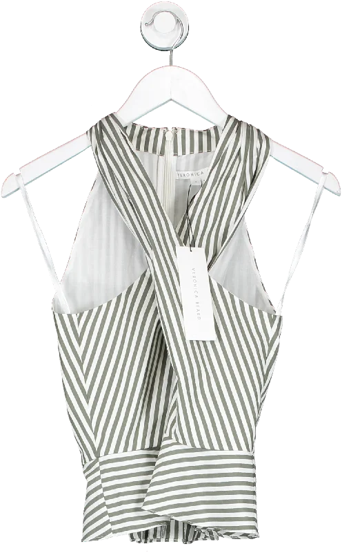 Veronica Beard Green Drey Striped Cotton-blend Halterneck Peplum Blouse UK 6