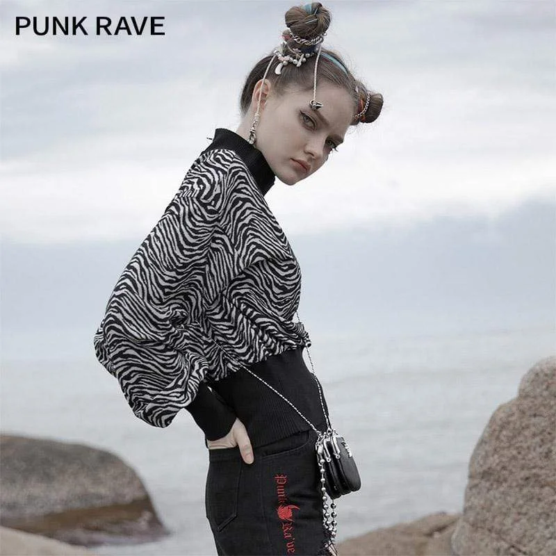 Women's Gothic High Collar Zebra-striped Short Sweatshirts