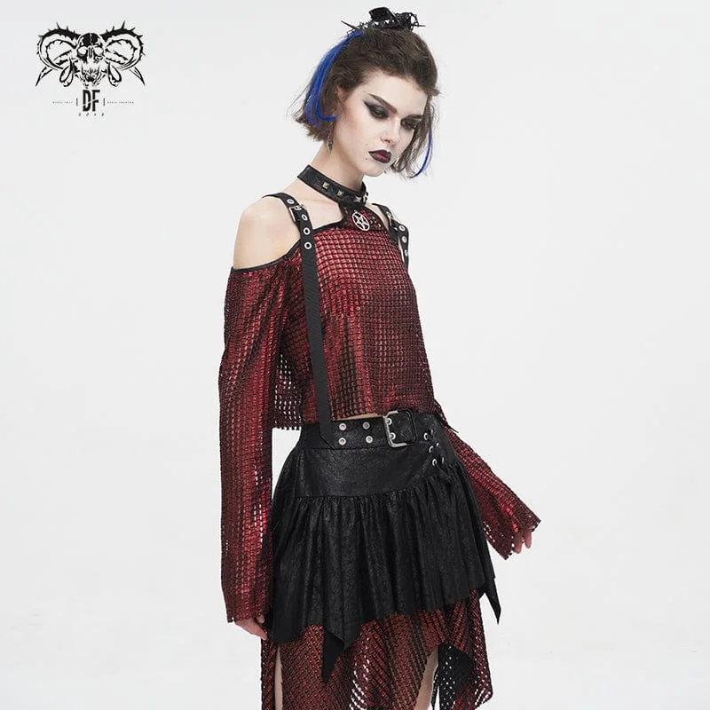 Women's Gothic Off Shoulder Buckle Sheer Crop Top Red