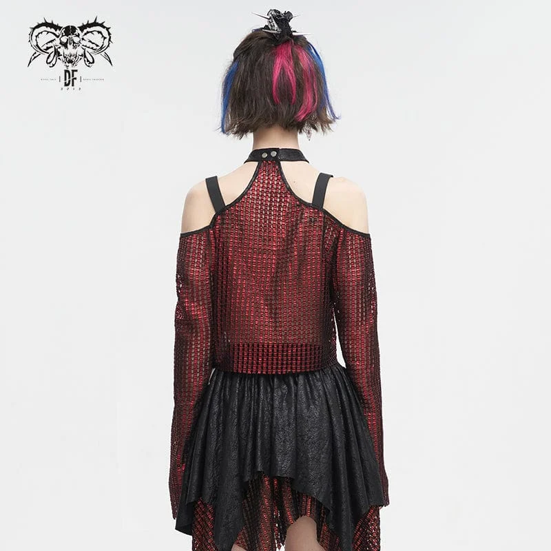 Women's Gothic Off Shoulder Buckle Sheer Crop Top Red