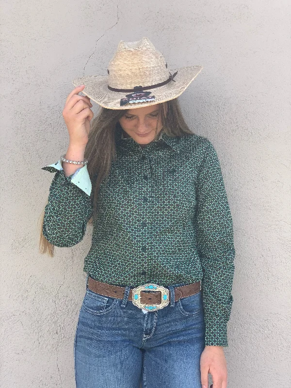 Women's Green and Purple Print Long Sleeve Button-Up Shirt-CINCH