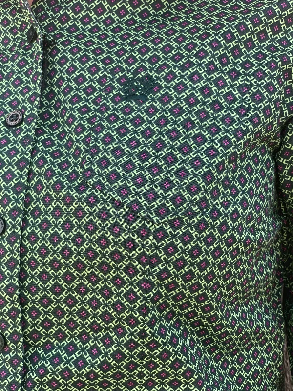 Women's Green and Purple Print Long Sleeve Button-Up Shirt-CINCH