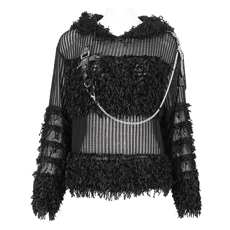 Women's Punk Distressed Sheer Sweater with Hood and Chain