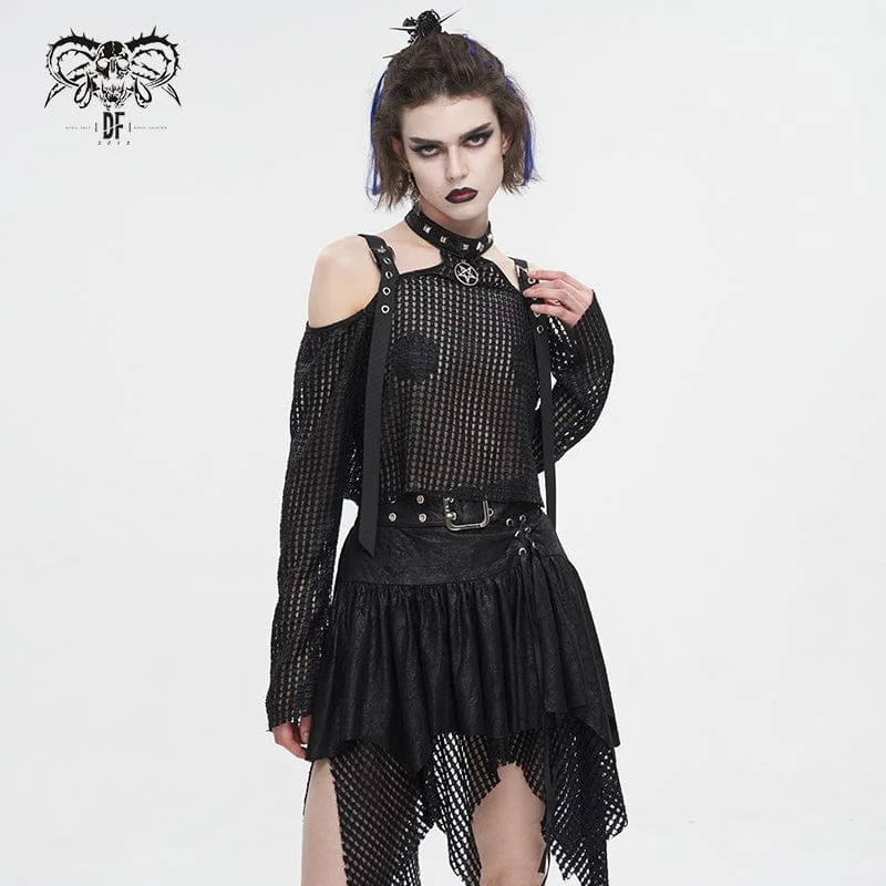 Women's Punk Off Shoulder Buckle Sheer Crop Top Black