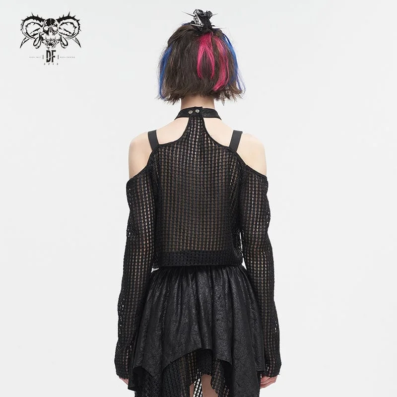 Women's Punk Off Shoulder Buckle Sheer Crop Top Black