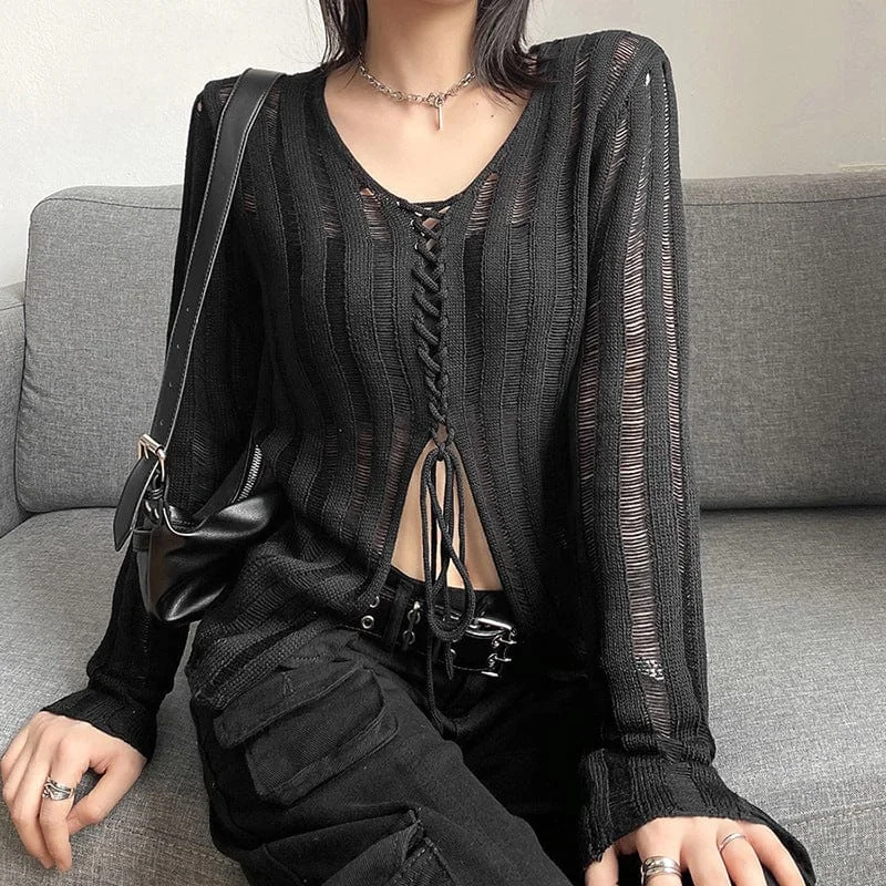 Women's Punk Strappy Split Sheer Sweater