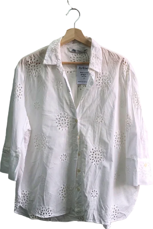 Zara White Eyelet Embroidered Shirt EU L