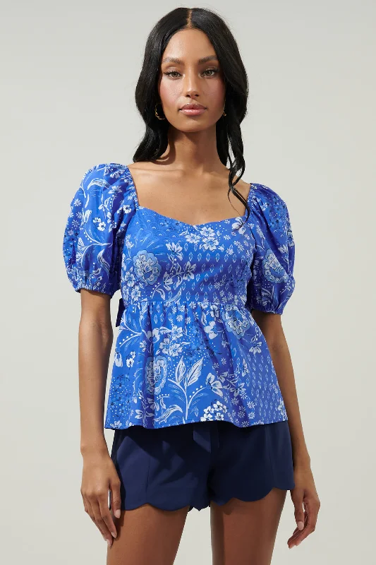 Amaya Mixed Print Cirus Back Tie Peplum Top