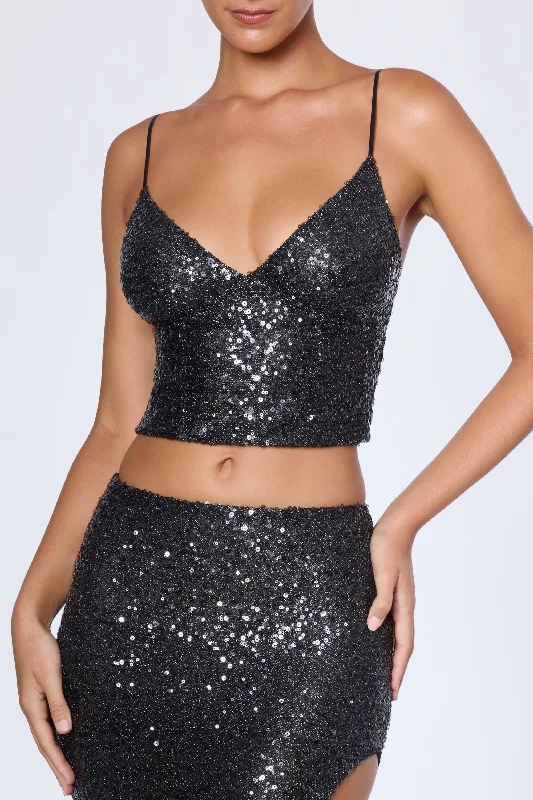 Embellished Open-Back Top in Black