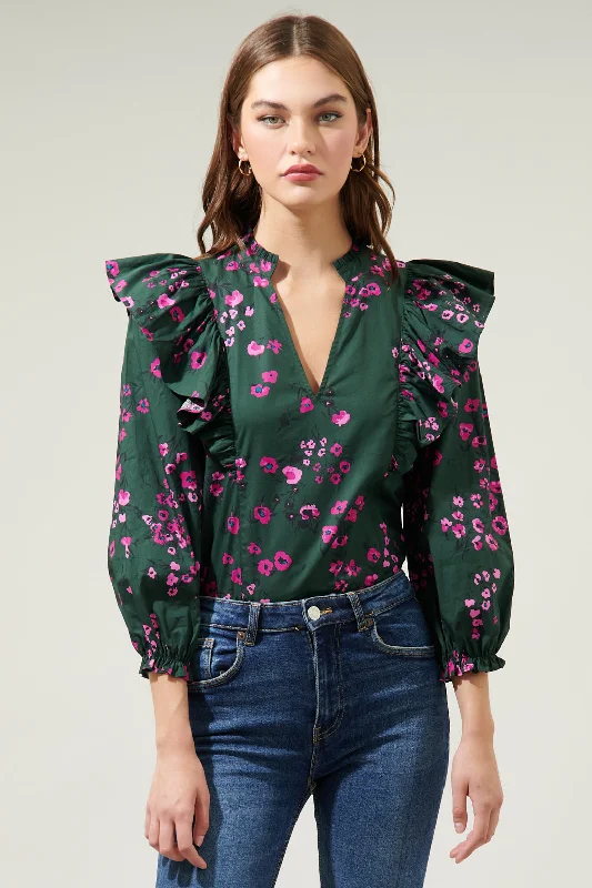 Anissa Floral Grayson Ruffle Split Neck Top