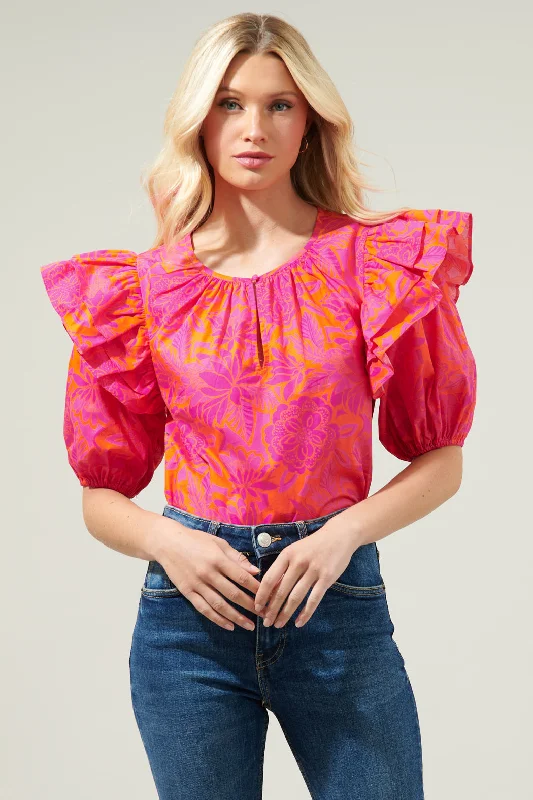 Bali Tropics Flores Poplin Ruffle Short Sleeve Top