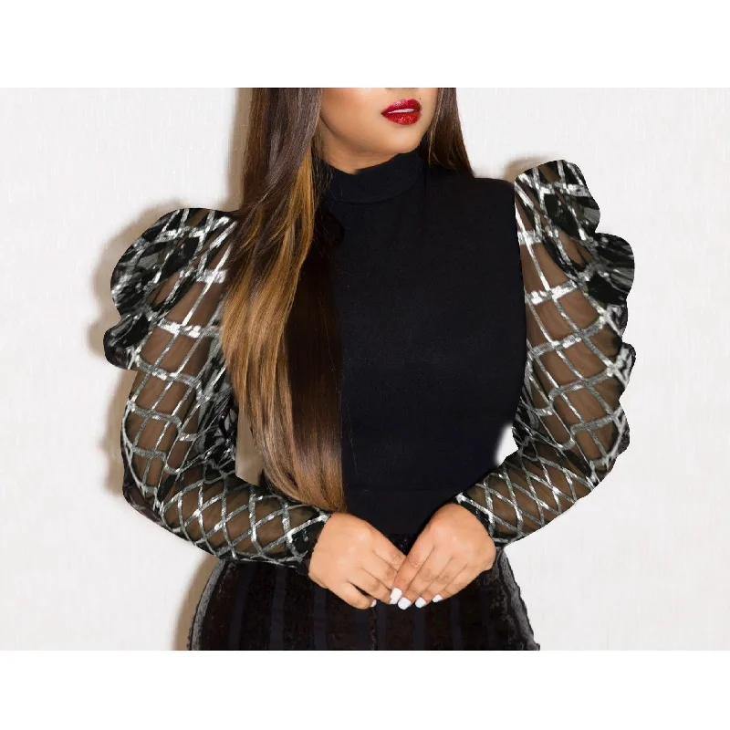 Black Patchwork Long Sleeves See Through Plaid High Collar Lady Club Blouses