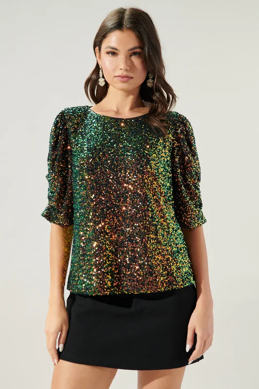 Carina Ruched Sleeve Sequin Top