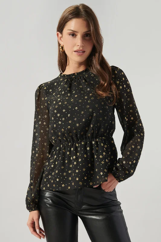 Chandra Gold Floral Back Cutout Peplum Top