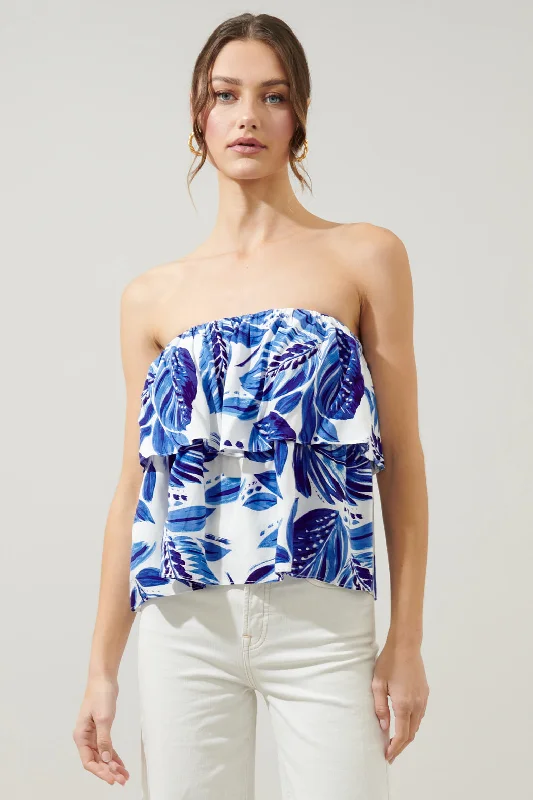 Dawson Palm Print Strapless Ruffle Top