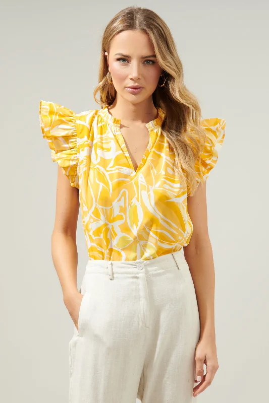 Dayglow Tropics Risette Ruffle Cap Sleeve Split Neck Top