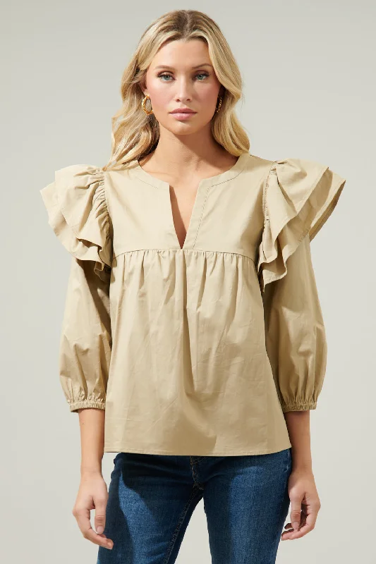 Double Down Poplin Split Neck Blouse