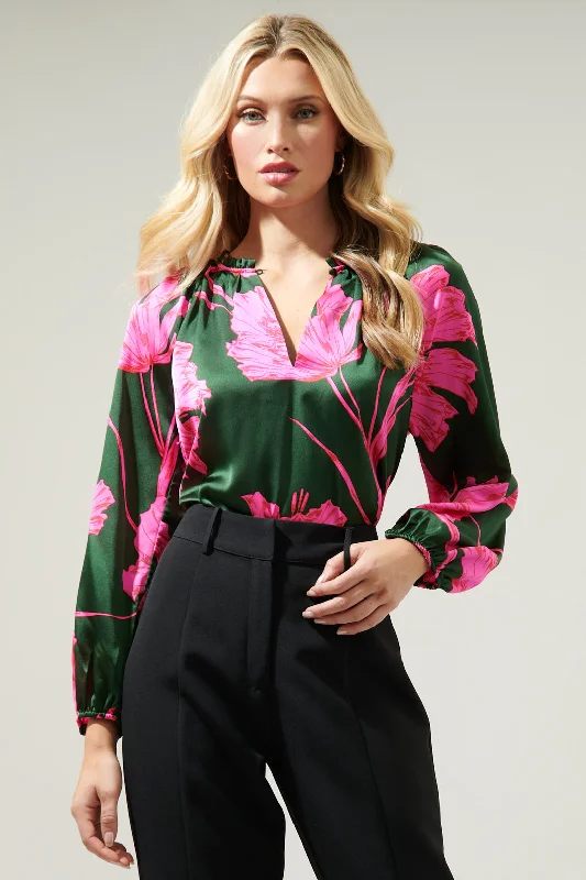 Eartha Floral Jovie Split Neck Satin Raglan Blouse