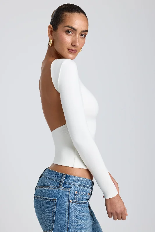 Modal High Neck Long Sleeve Open Back Top in White