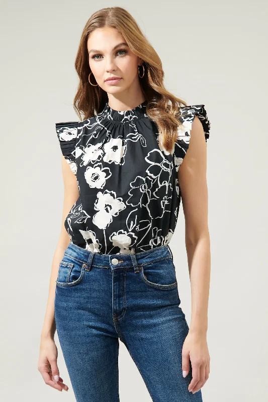 Fabienne Floral Gabrielle Mock Neck Poplin Top