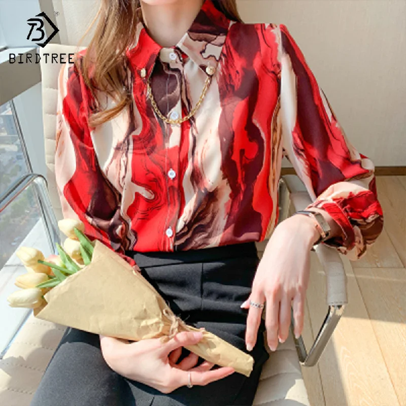 Fashion Ladies Long Lantern Sleeve Printed Shirts Elegant Casual Loose Blouses OL Chiffon Shirt Tops For Spring Autumn