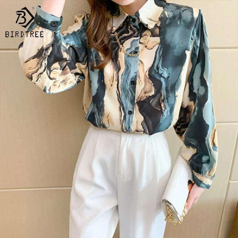 Fashion Ladies Long Lantern Sleeve Printed Shirts Elegant Casual Loose Blouses OL Chiffon Shirt Tops For Spring Autumn