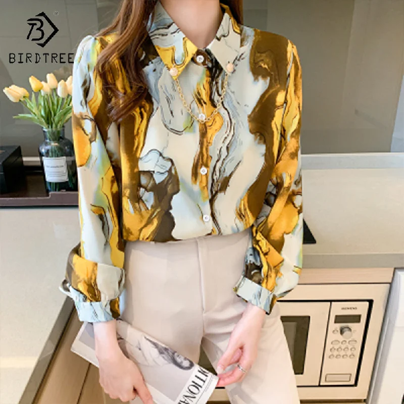 Fashion Ladies Long Lantern Sleeve Printed Shirts Elegant Casual Loose Blouses OL Chiffon Shirt Tops For Spring Autumn