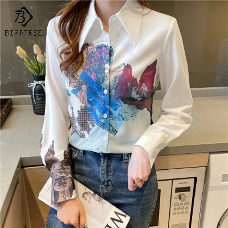 Fashion Ladies Long Sleeve Graffiti Printed Shirts Elegant Casual Loose Blouses Chiffon Shirt Tops For Spring Autumn