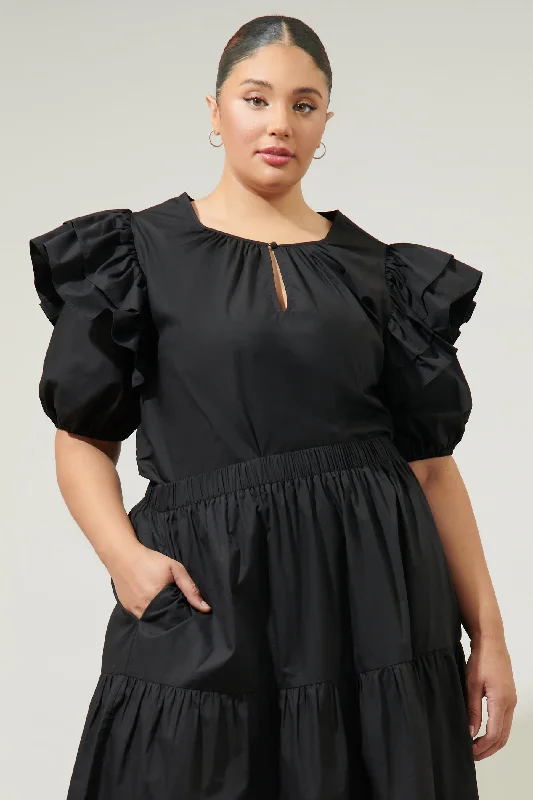 Flores Poplin Ruffle Short Sleeve Top Curve