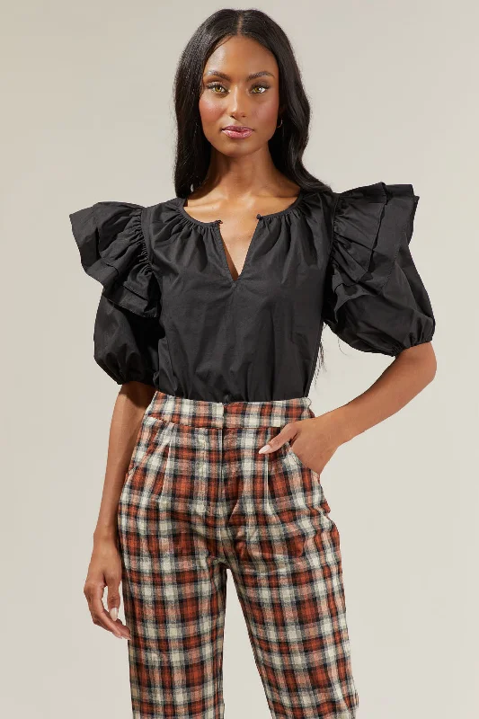 Flores Poplin Ruffle Short Sleeve Top