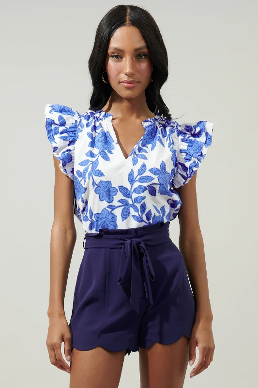 Glantis Floral Risette Ruffle Cap Sleeve Split Neck Top