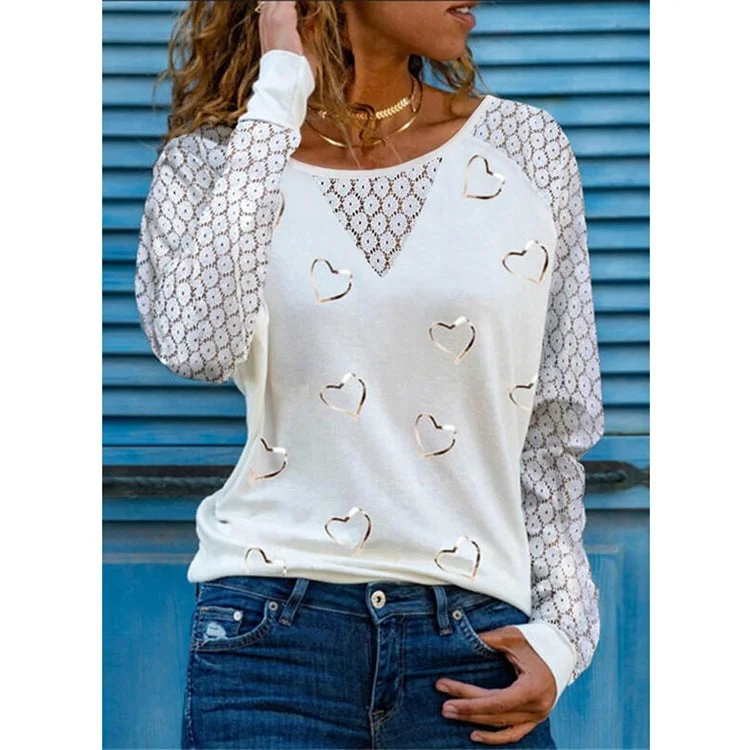 Heart Lace Splicing Raglan Sleeve O-Neck Blouse