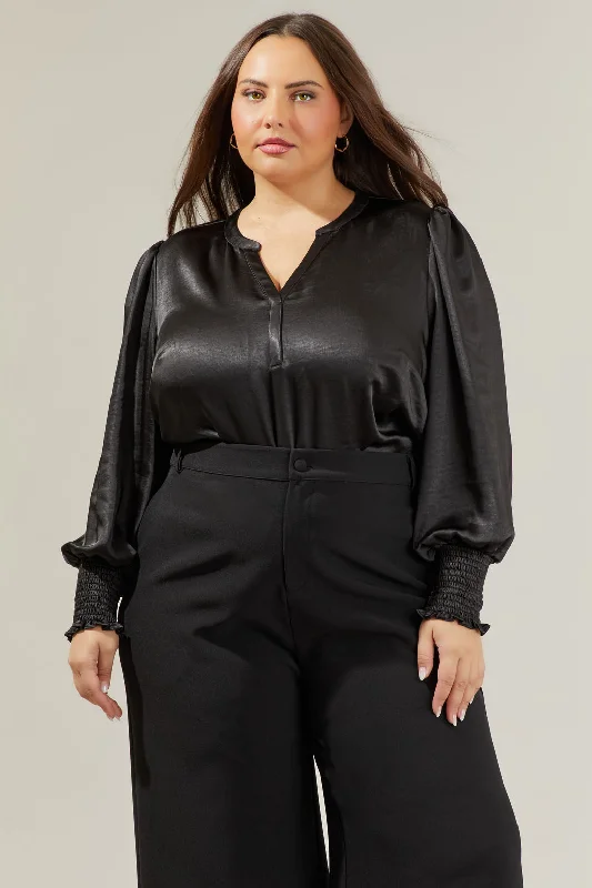 Henley Satin Long Sleeve Blouse Curve