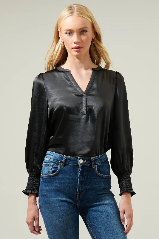 Henley Satin Long Sleeve Blouse